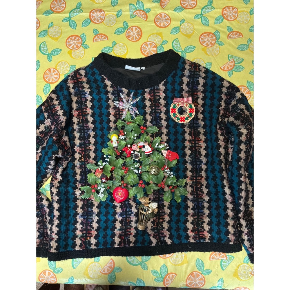 Kitschy W Allen Wah Christmas Tree Sweater L Teal Black Geometric 3D Ornaments - Picture 2 of 8